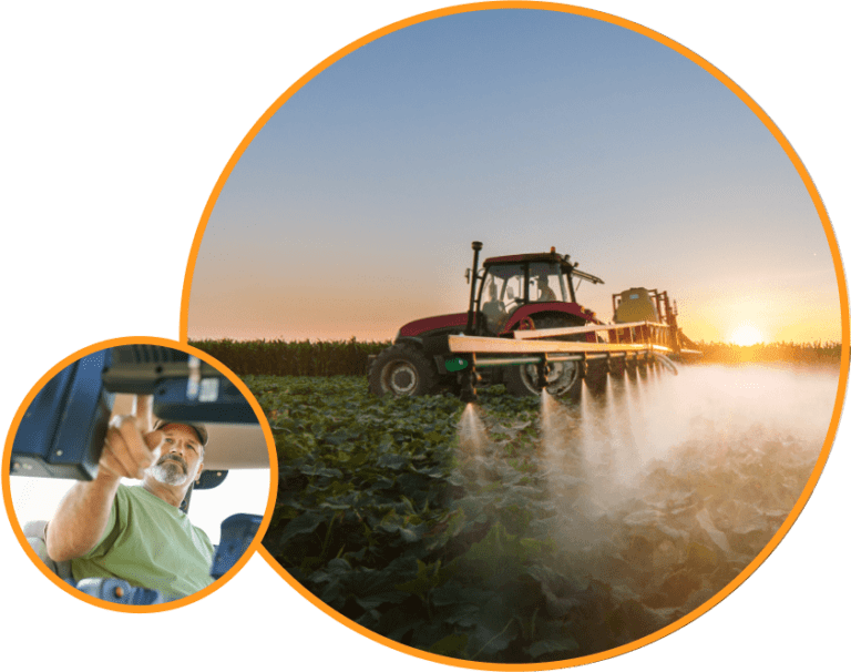 two images in circles with agri sprayer machine and man sitting in truck@2x